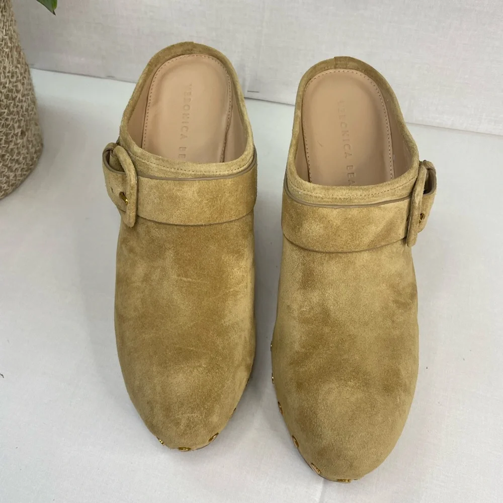 Veronica Beard Dacey Suede Studded Block Clogs in sand sz 10 M (F 655) - Picture 8 of 16